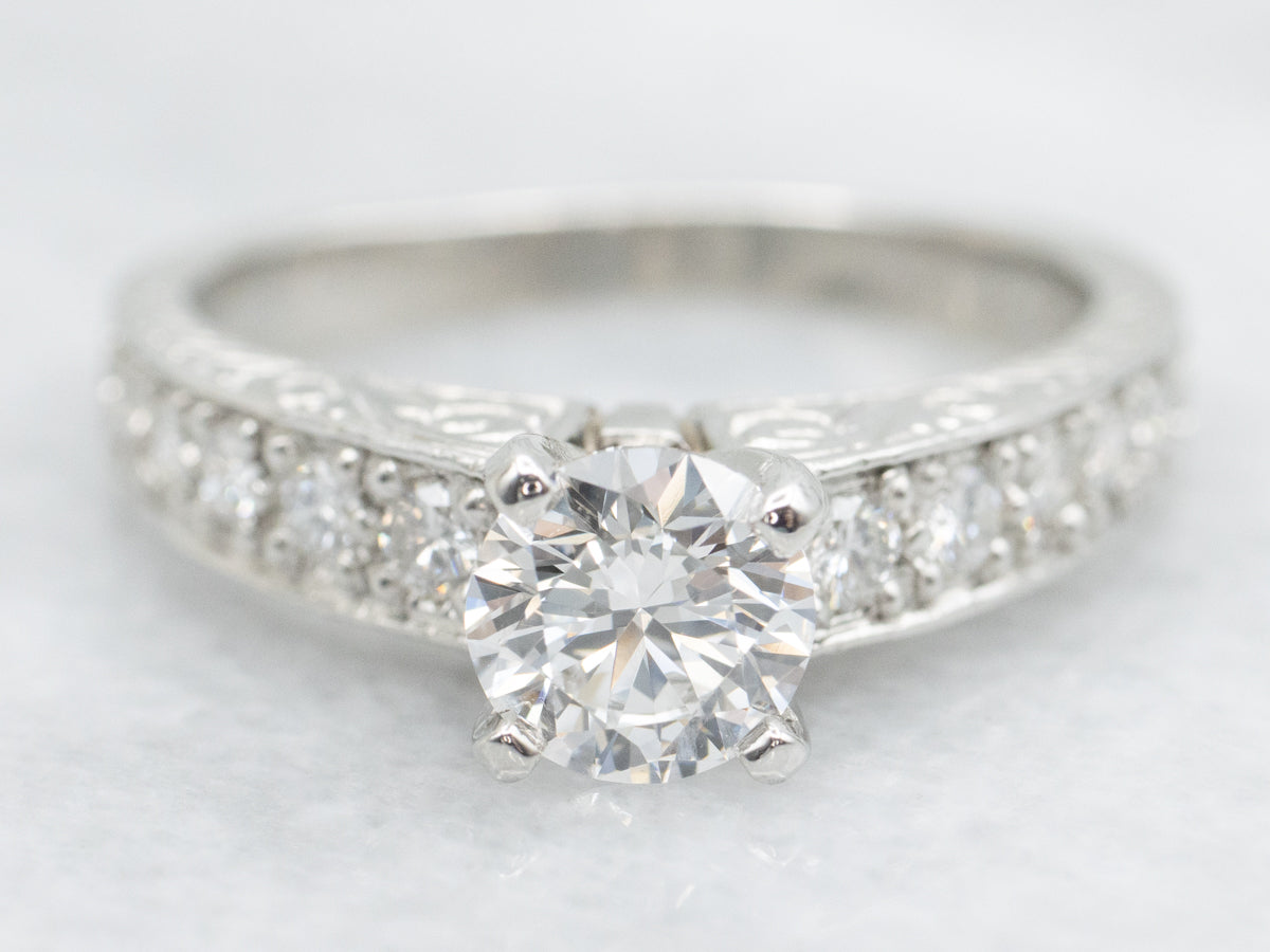 Engraved Platinum Round Brilliant Diamond Engagement Ring