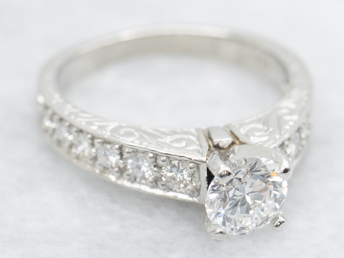 Engraved Platinum Round Brilliant Diamond Engagement Ring