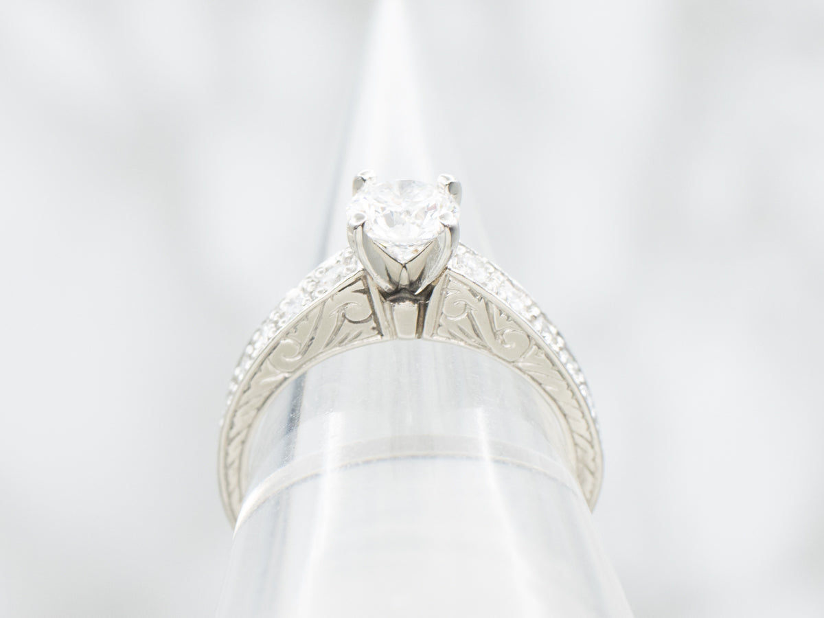 Engraved Platinum Round Brilliant Diamond Engagement Ring