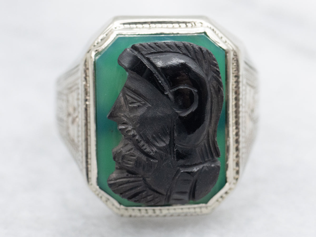 Men's Black and Green Onyx Art Deco Cameo Ring