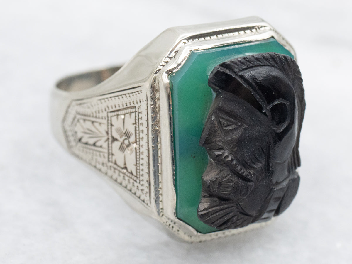 Men's Black and Green Onyx Art Deco Cameo Ring