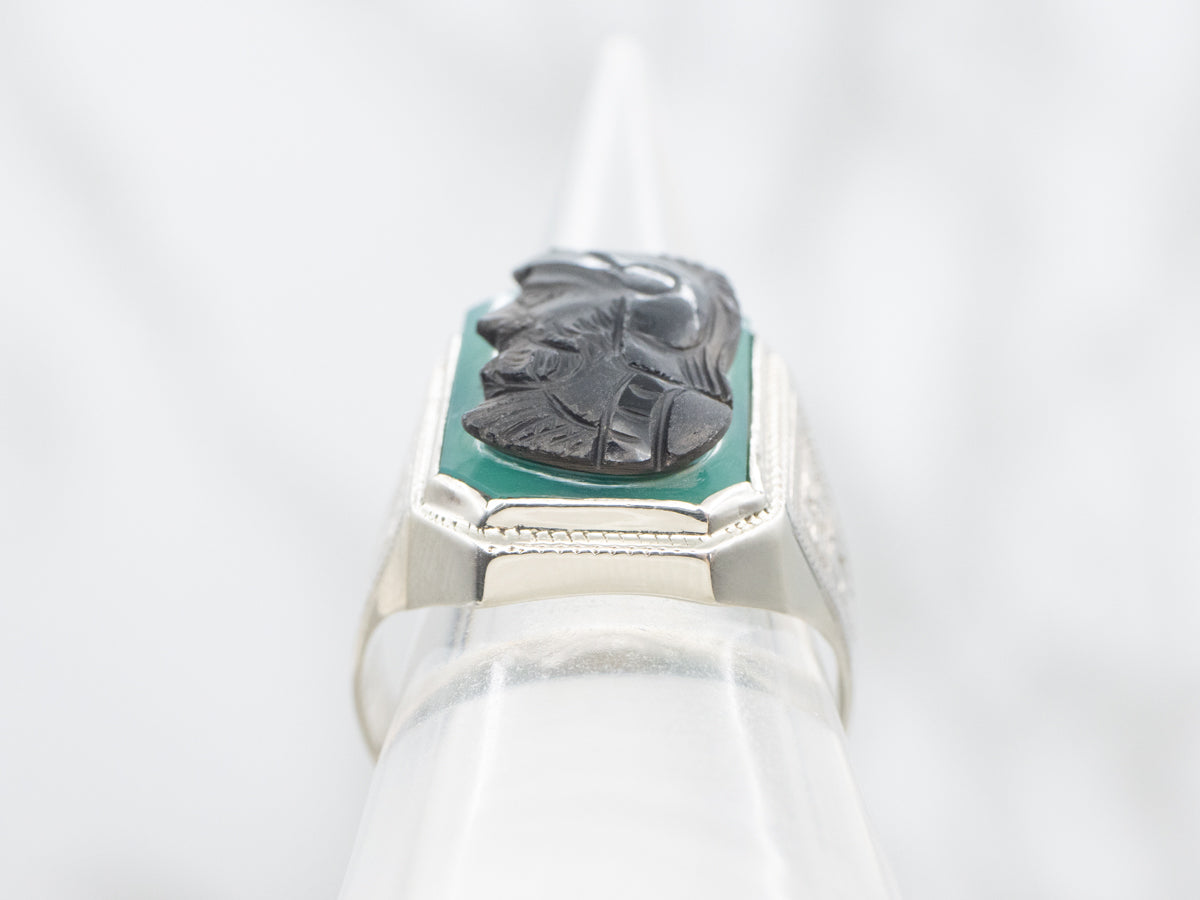 Men's Black and Green Onyx Art Deco Cameo Ring