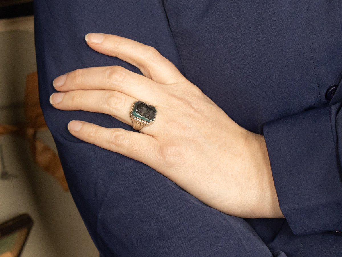 Men's Black and Green Onyx Art Deco Cameo Ring