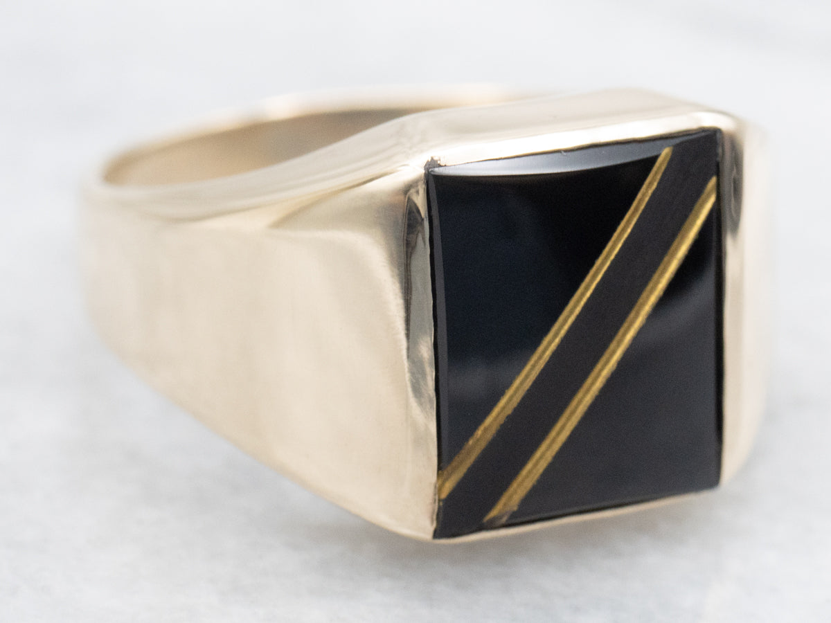 Men's Mid-Century Black Onyx and Lapis Striped Ring