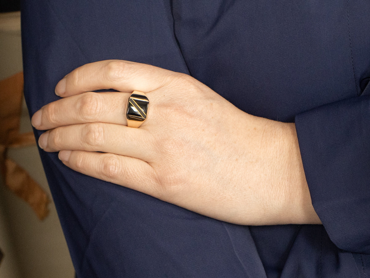 Men's Mid-Century Black Onyx and Lapis Striped Ring