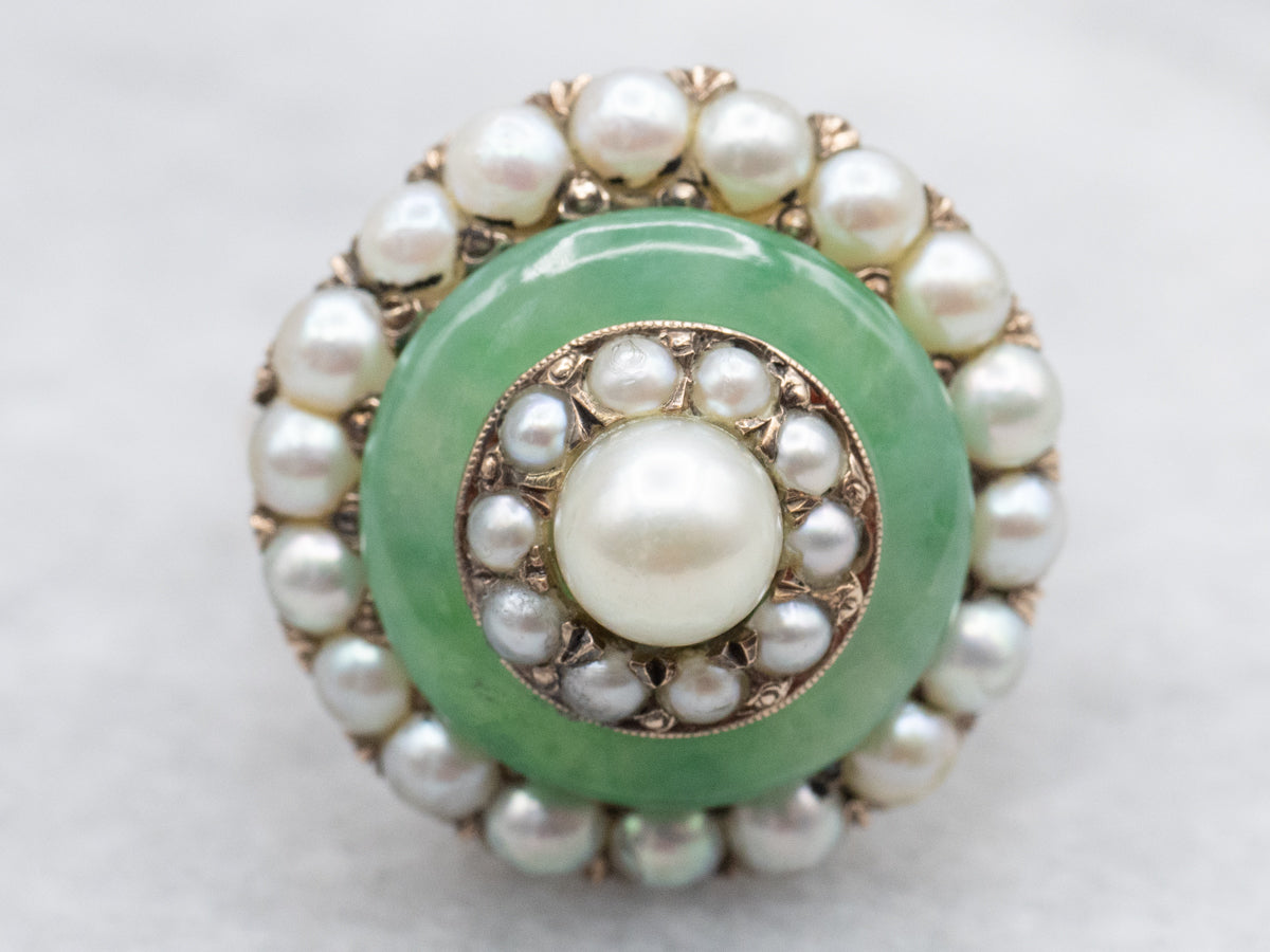 Antique Pearl Jadeite and Seed Pearl Halo Ring
