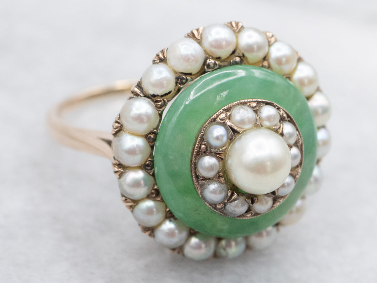 Antique Pearl Jadeite and Seed Pearl Halo Ring