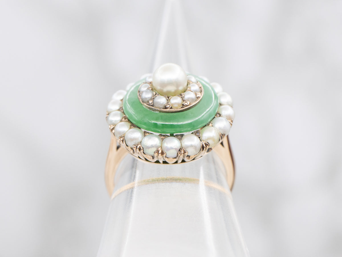 Antique Pearl Jadeite and Seed Pearl Halo Ring
