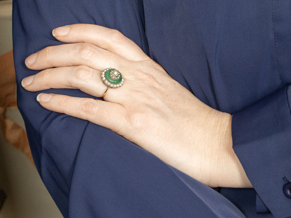 Antique Pearl Jadeite and Seed Pearl Halo Ring
