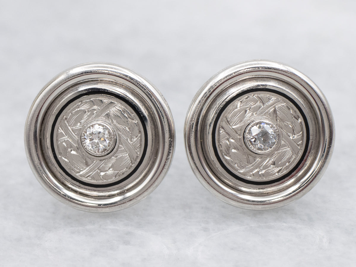 Platinum Old Mine Cut Diamond Black Enamel Cufflink Conversion Stud Earrings