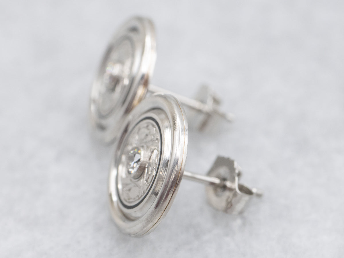 Platinum Old Mine Cut Diamond Black Enamel Cufflink Conversion Stud Earrings