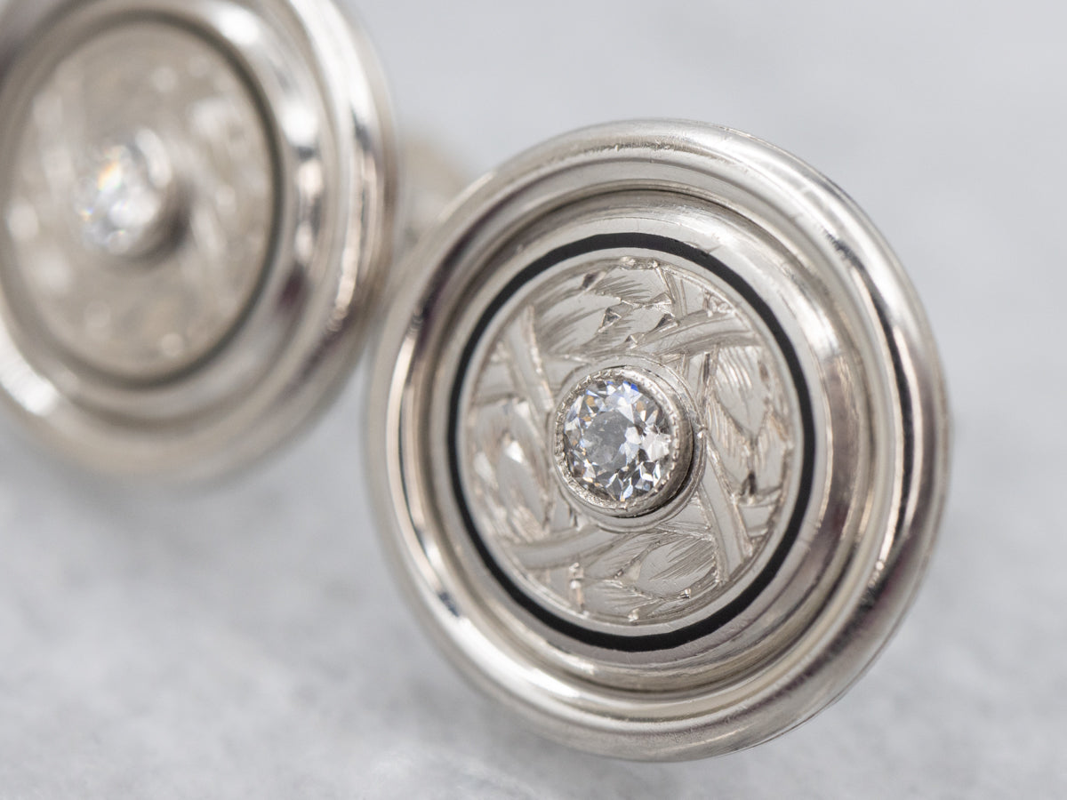 Platinum Old Mine Cut Diamond Black Enamel Cufflink Conversion Stud Earrings