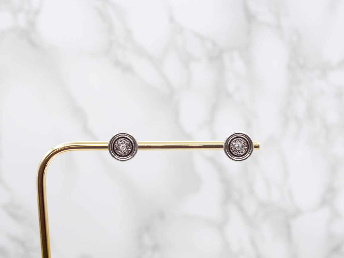 Platinum Old Mine Cut Diamond Black Enamel Cufflink Conversion Stud Earrings