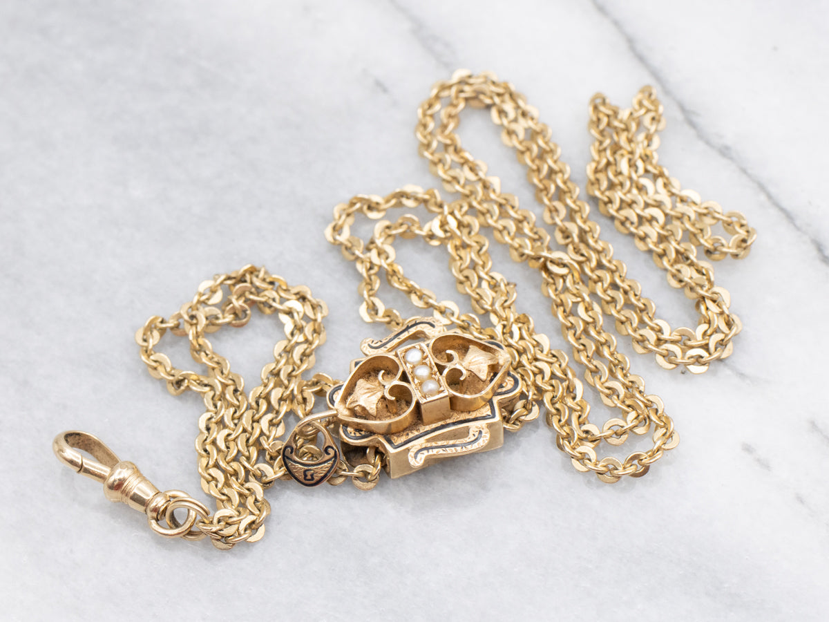 Victorian Lariat Necklace with Seed Pearl and Jet Black Enamel Slide