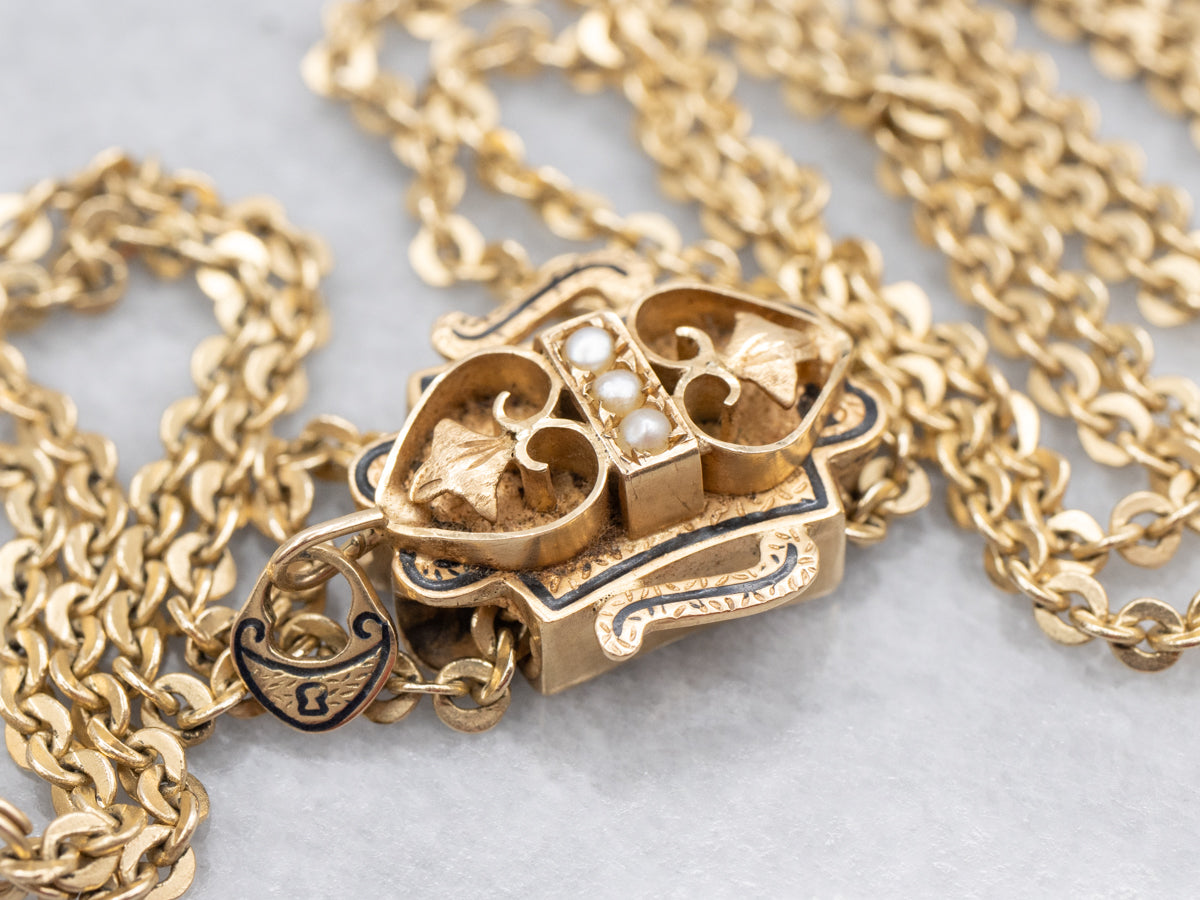 Victorian Lariat Necklace with Seed Pearl and Jet Black Enamel Slide