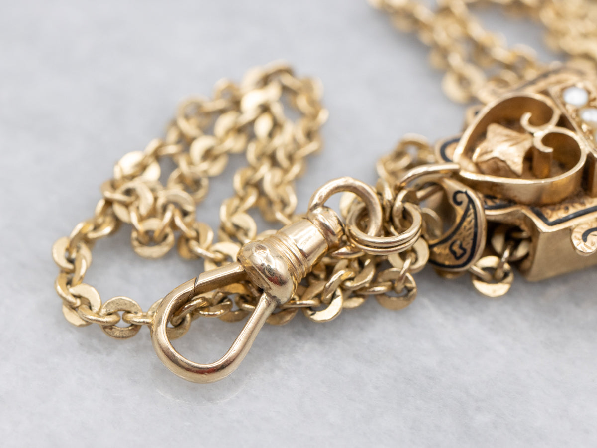 Victorian Lariat Necklace with Seed Pearl and Jet Black Enamel Slide