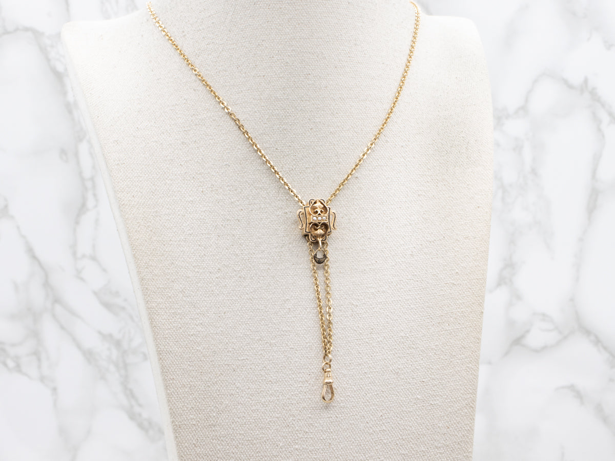 Victorian Lariat Necklace with Seed Pearl and Jet Black Enamel Slide