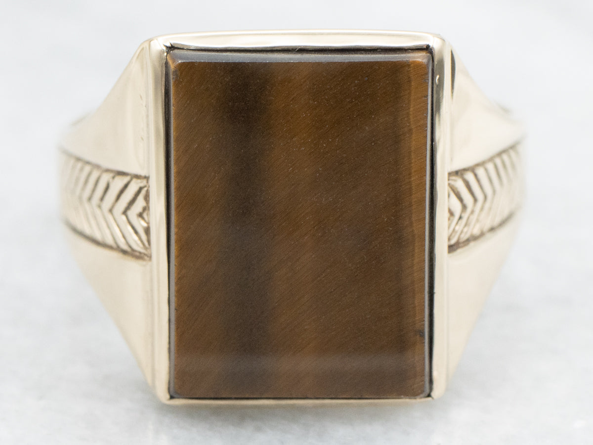 Men's Vintage Tiger's Eye Statement Ring with Chevron Shoulders