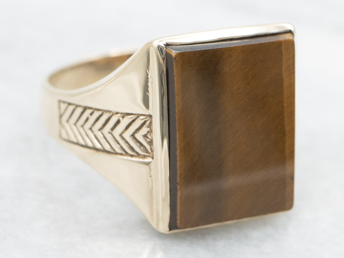 Men's Vintage Tiger's Eye Statement Ring with Chevron Shoulders