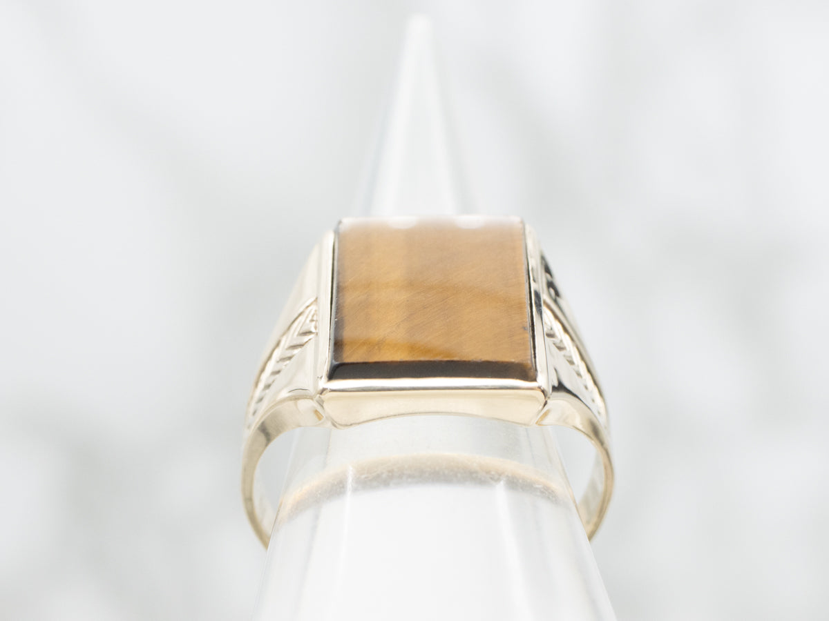 Men's Vintage Tiger's Eye Statement Ring with Chevron Shoulders