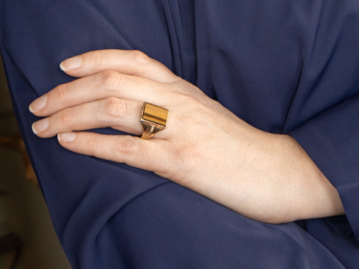 Men's Vintage Tiger's Eye Statement Ring with Chevron Shoulders
