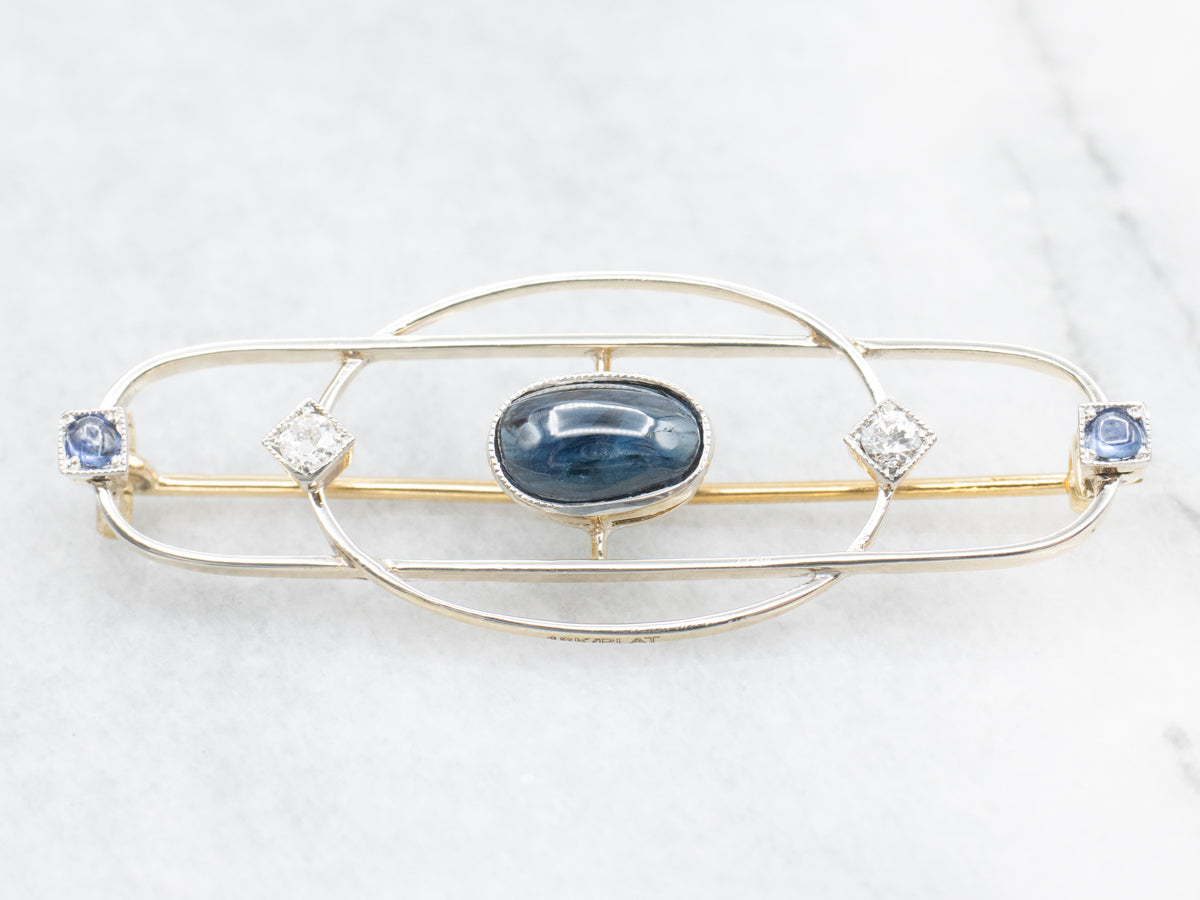 Vintage Sapphire Cabochon and Diamond Brooch