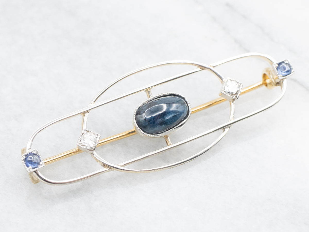 Vintage Sapphire Cabochon and Diamond Brooch