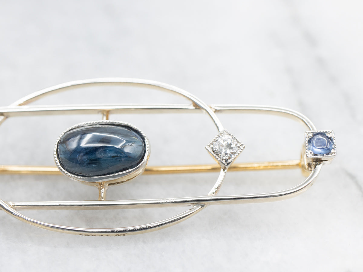 Vintage Sapphire Cabochon and Diamond Brooch
