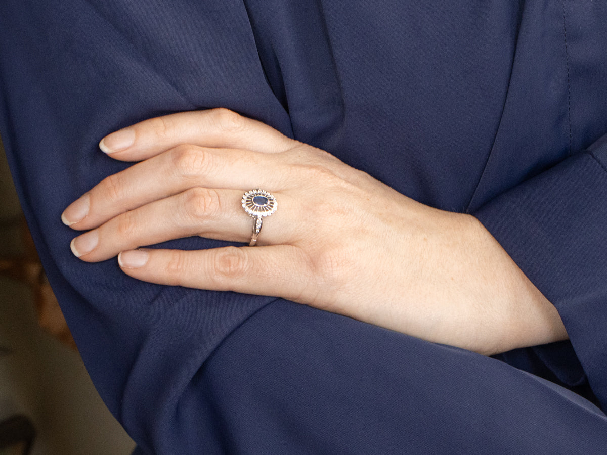 Vintage Sapphire and Diamond Halo Engagement Ring