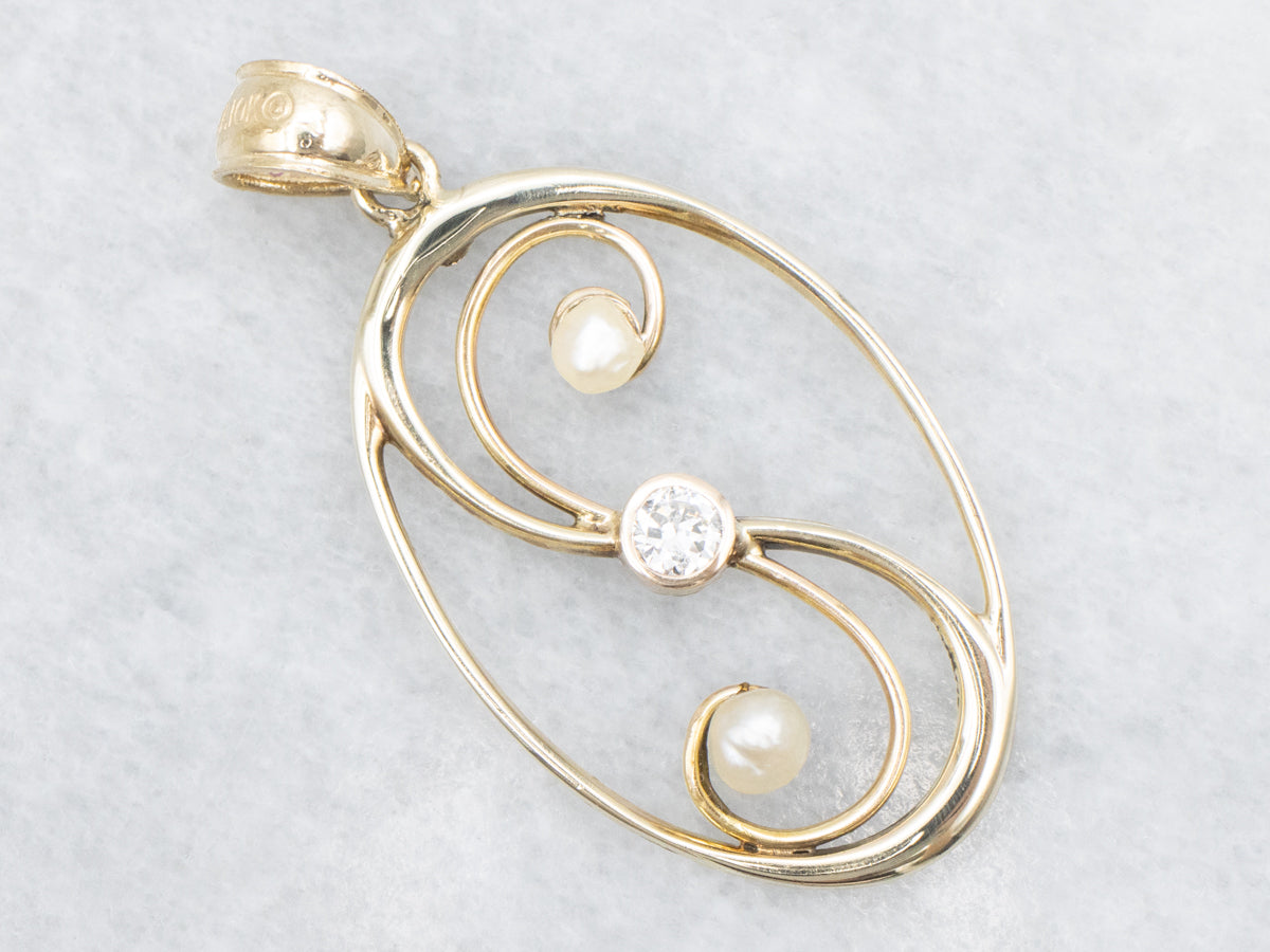 Swirling Openwork Diamond and Pearl Pendant