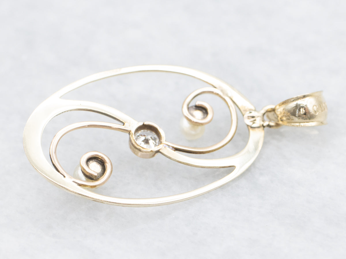 Swirling Openwork Diamond and Pearl Pendant
