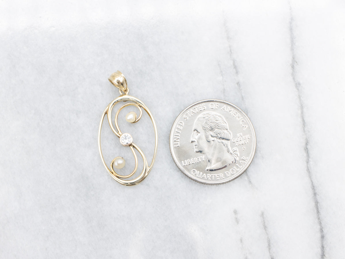 Swirling Openwork Diamond and Pearl Pendant