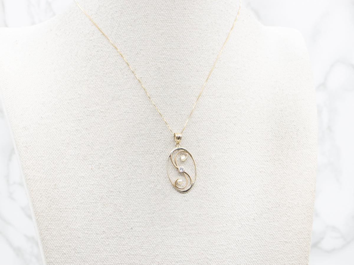 Swirling Openwork Diamond and Pearl Pendant