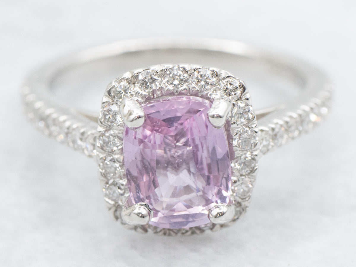 Modern Pink Sapphire and Diamond Halo Ring