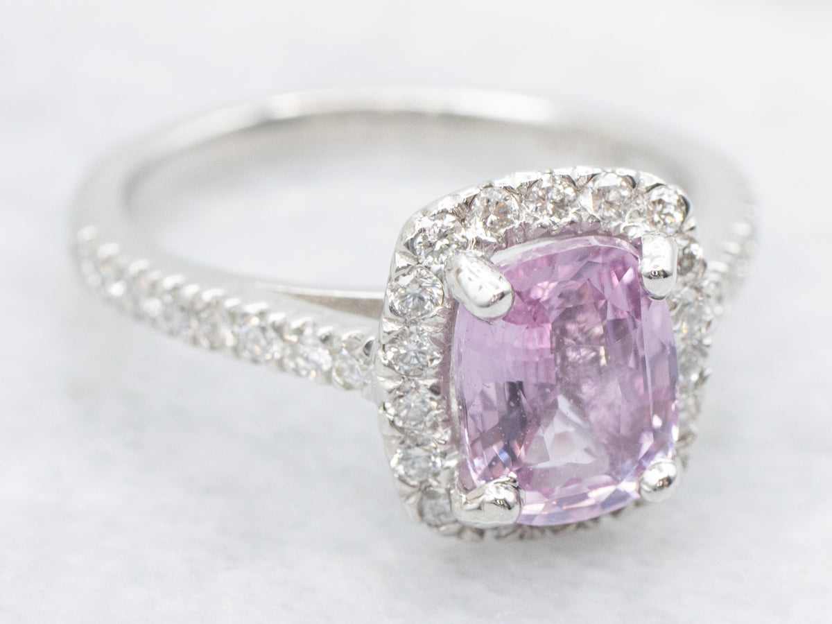 Modern Pink Sapphire and Diamond Halo Ring