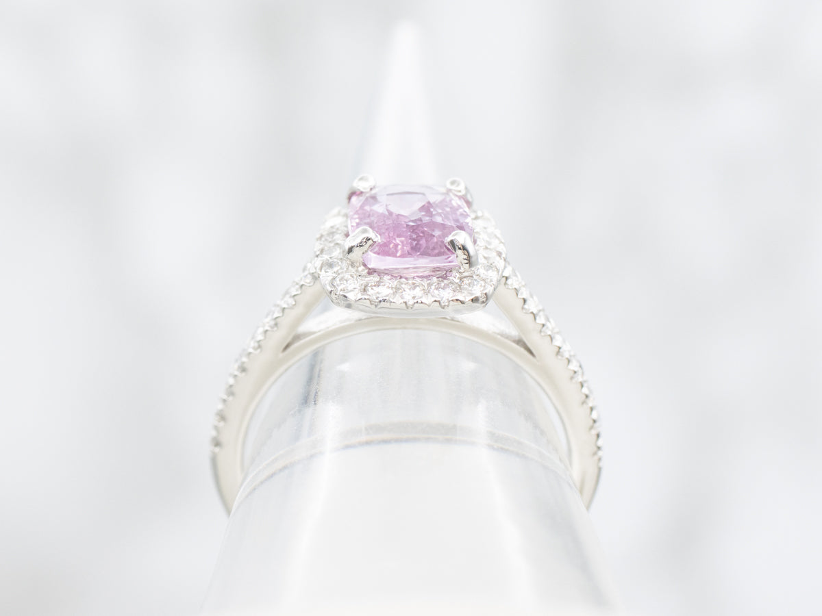 Modern Pink Sapphire and Diamond Halo Ring