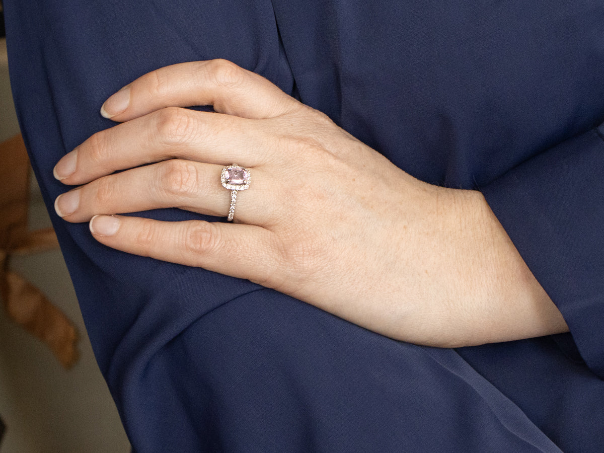 Modern Pink Sapphire and Diamond Halo Ring