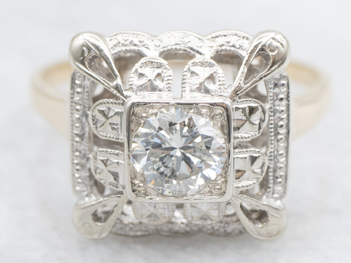 Unique Diamond Engagement Ring with Filigree Frame