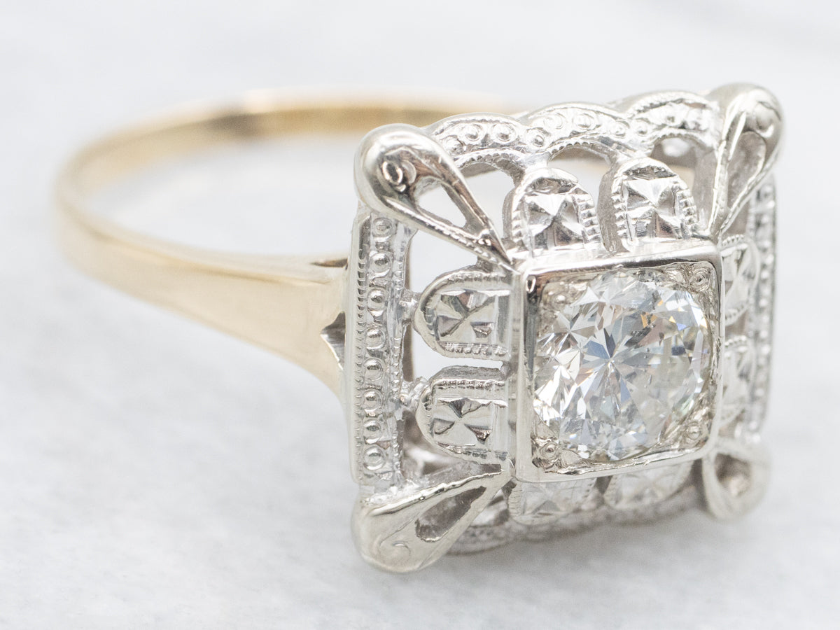 Unique Diamond Engagement Ring with Filigree Frame