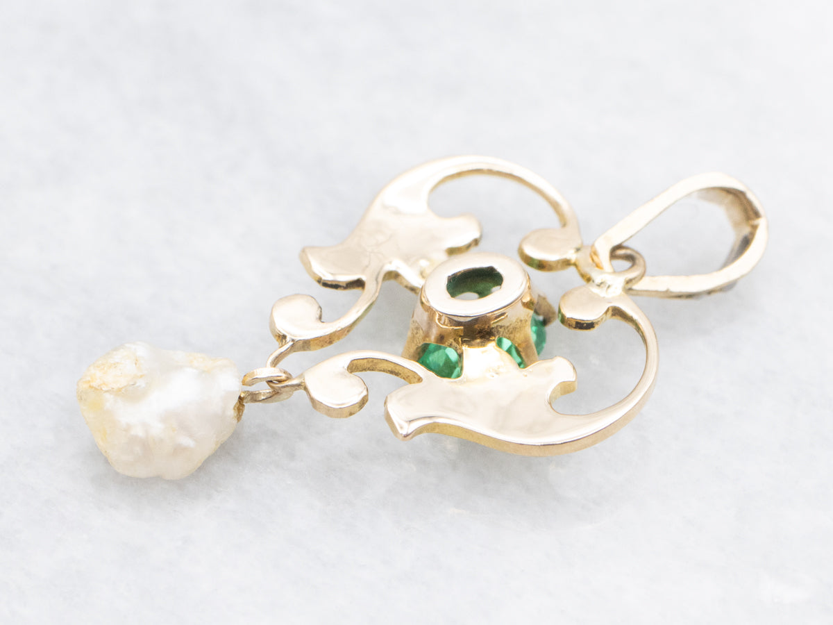 Art Nouveau Emerald and Pearl Gold Lavalier Pendant