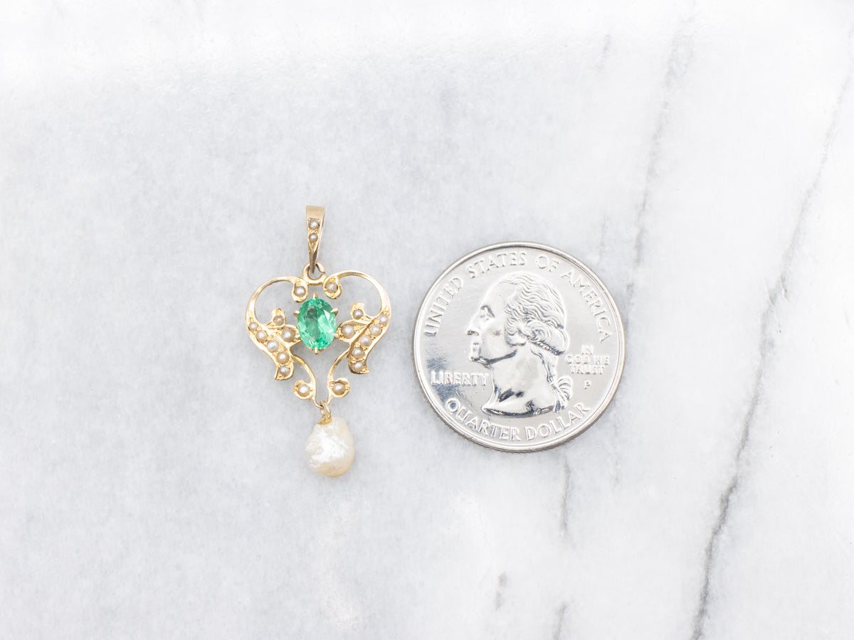 Art Nouveau Emerald and Pearl Gold Lavalier Pendant