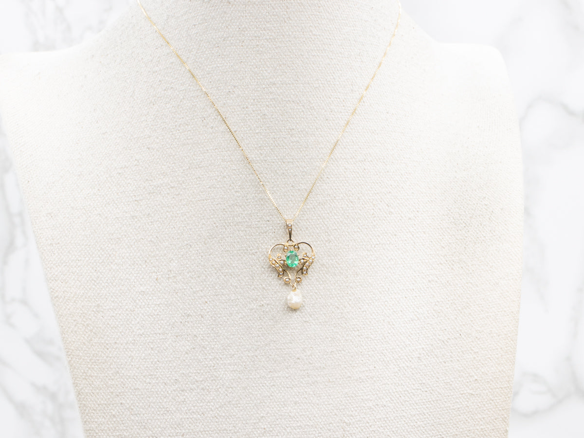 Art Nouveau Emerald and Pearl Gold Lavalier Pendant