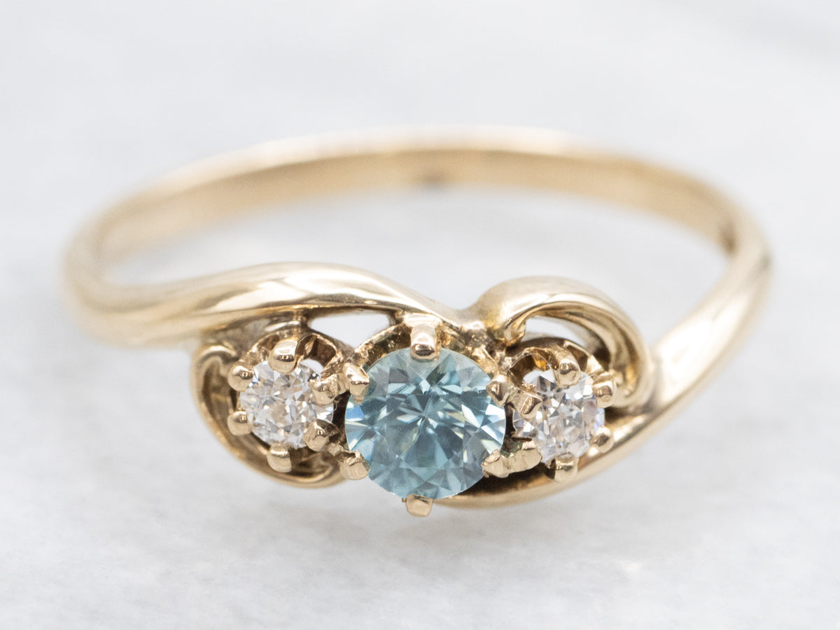 Blue Zircon and Diamond Three Stone Ring