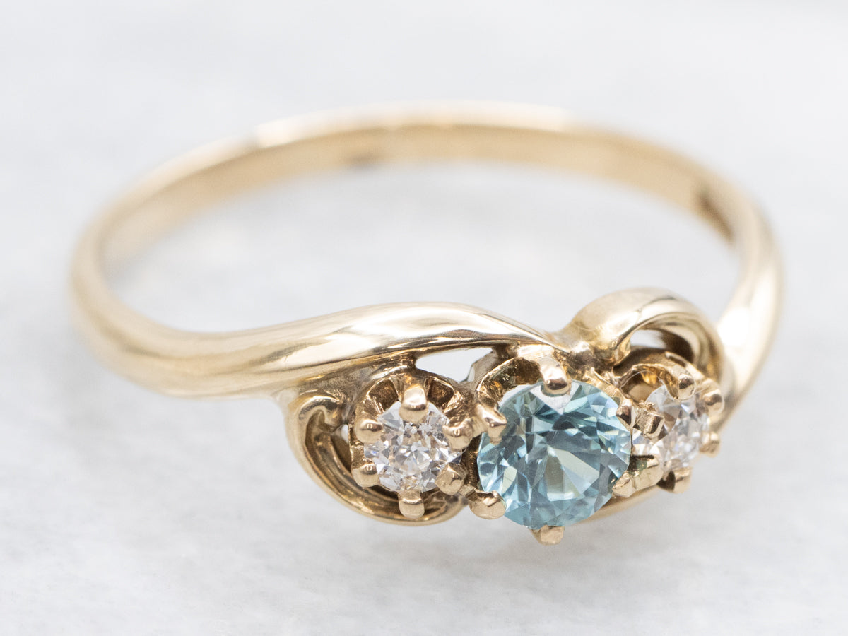 Blue Zircon and Diamond Three Stone Ring