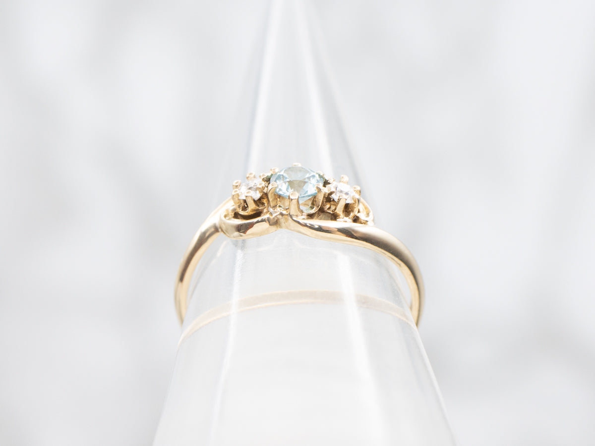 Blue Zircon and Diamond Three Stone Ring