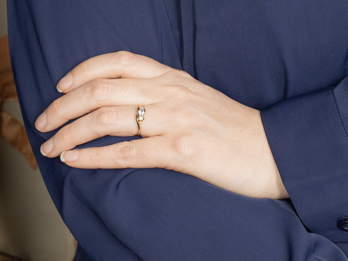 Blue Zircon and Diamond Three Stone Ring