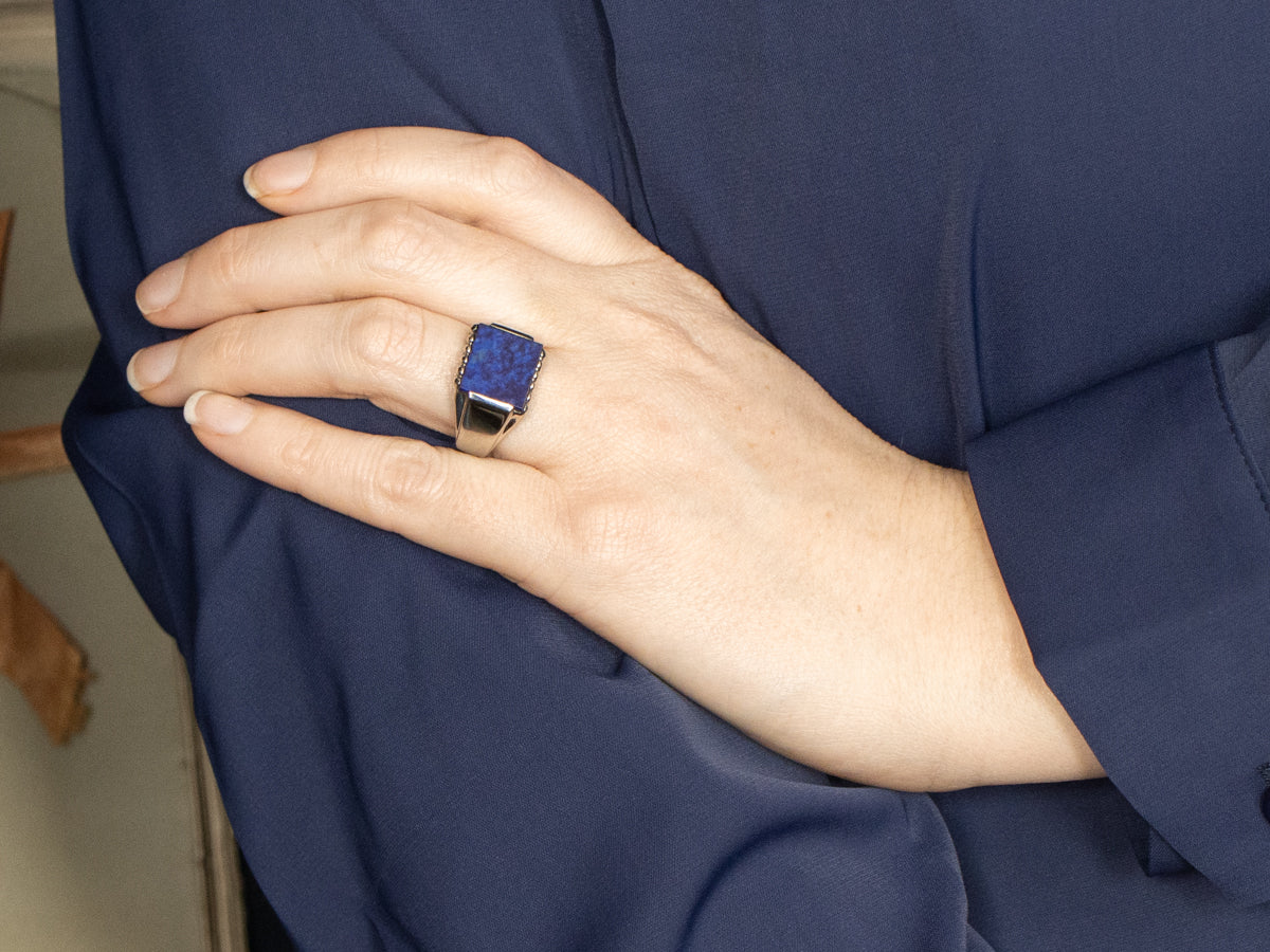 Unisex East-to-West Set Rectangle Cut Lapis Ring