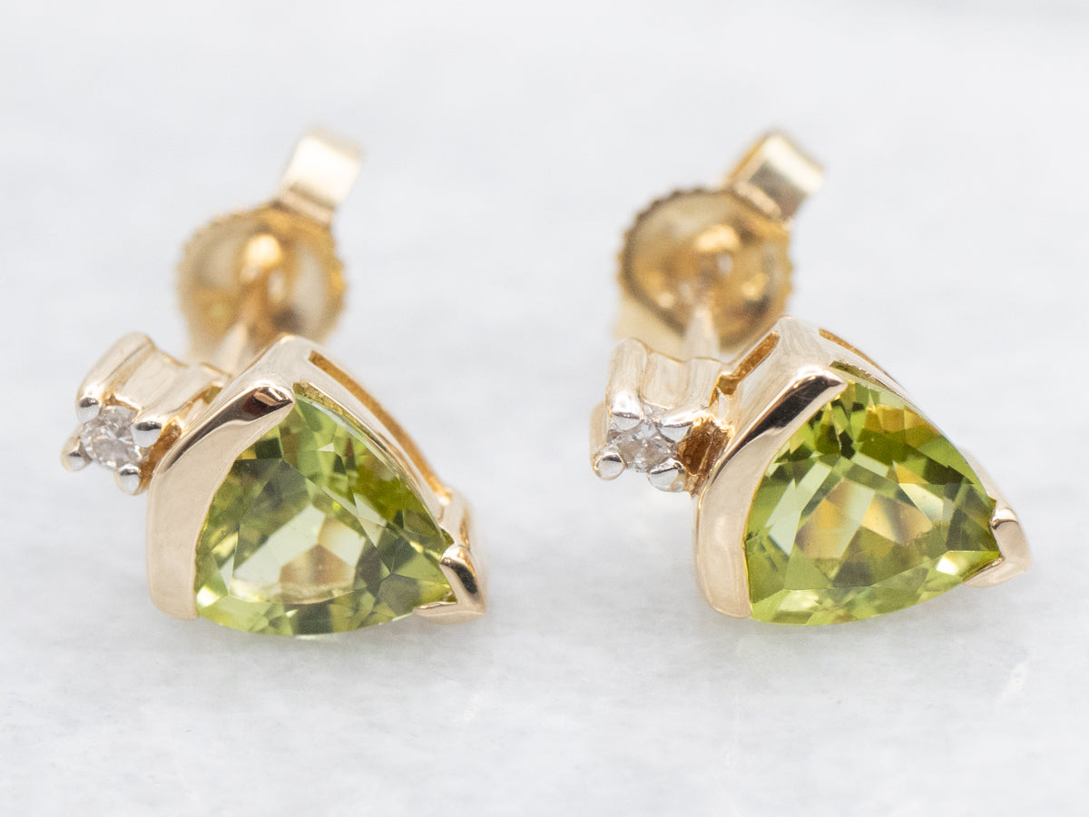 Trillion Cut Peridot and Diamond Stud Earrings