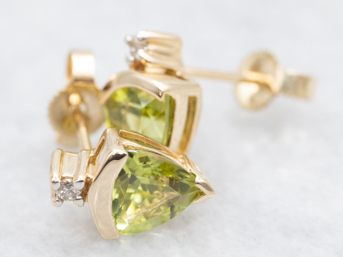 Trillion Cut Peridot and Diamond Stud Earrings