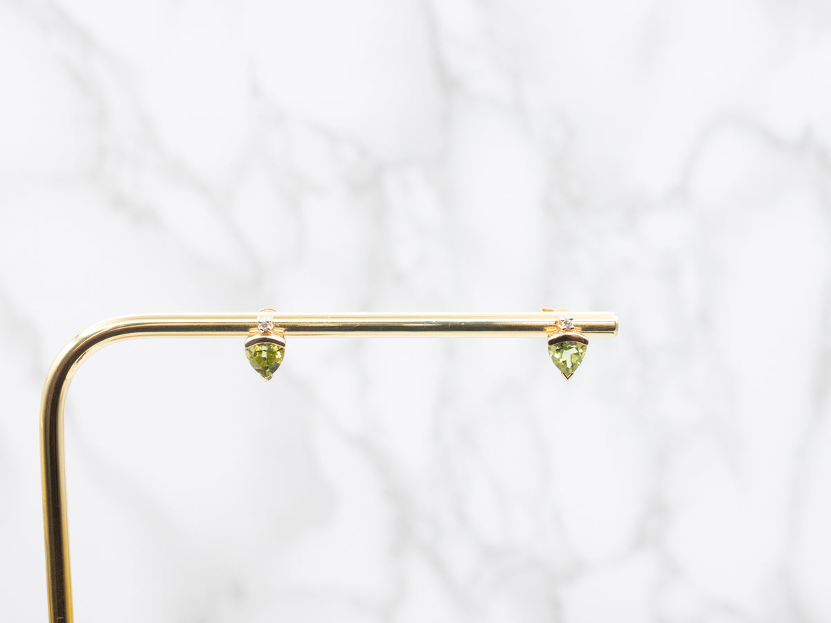 Trillion Cut Peridot and Diamond Stud Earrings
